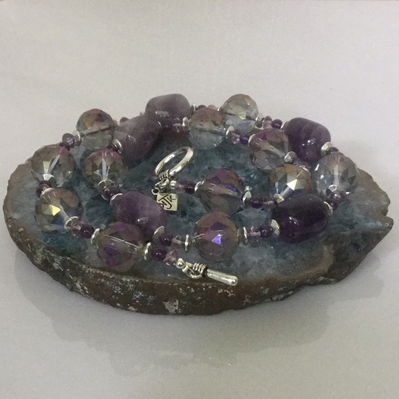 Vtg.20”NecklaceW/AmethystBarrel Beads&GlassCrystal - Picture 5 of 6